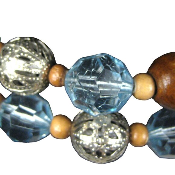 Necklace Women 60 Inch Jewelry Silvertone Blue Wooden Rope Lariats FLAWED Beads - Picture 7 of 10